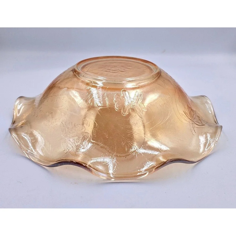 Ruffled Edge Louisa Amber Iridescent Floragold Embossed Depression Glass Dish 9